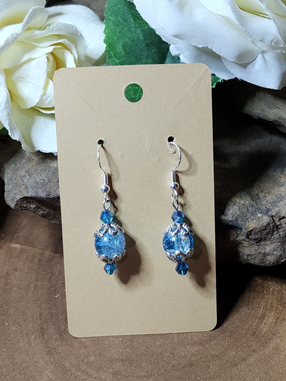 Hand Crafted Dangle Earrings With Crackled Blue & Clear Beads